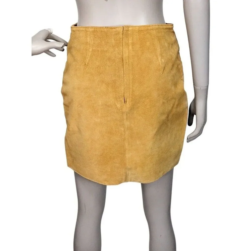 Vintage 80s Gold Suede Leather Belted Short Mini Pencil Skirt Size S/M